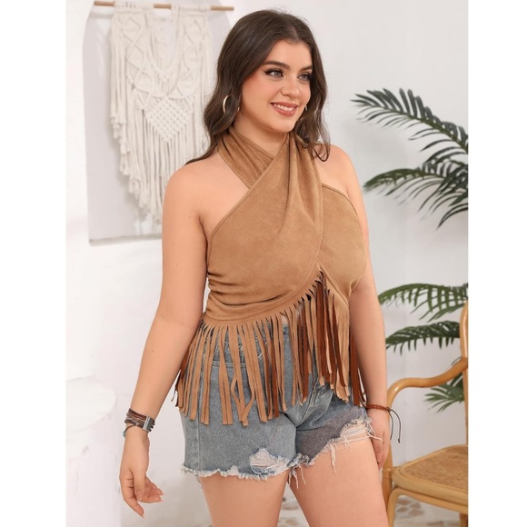 (NWOT) Tan Fringe Halter Top - Picture 3 of 6